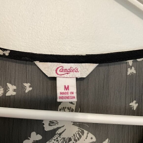 CANDIE'S Black White Butterfly Print Sheer Short Sleeve Cold Shoulder Y2K Blouse - Picture 5 of 10